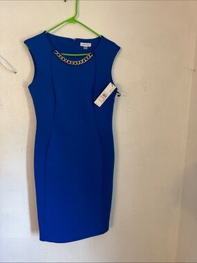 Calvin Klein Cobalt Blue Midi Sheath Dress with Gold Chain